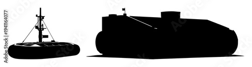 Solar-powered desalination buoy set with solid black silhouette featuring ocean technology, sharp edges, and a bold design with a white background