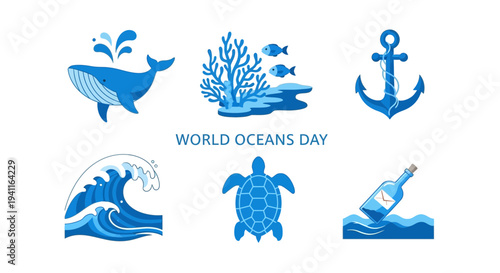 Blue icons celebrating World Oceans Day whale coral anchor wave turtle bottle