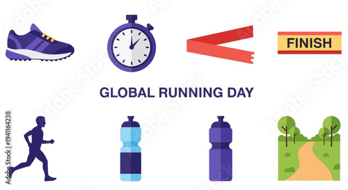 Flat icons related to running including gear timing location and a runner silhouette