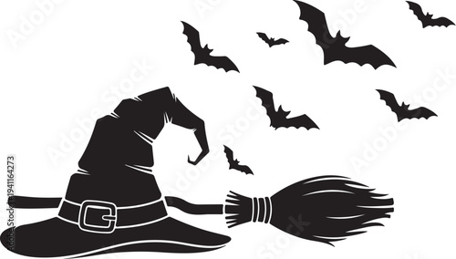 Black silhouette of witch hat and broom with bats