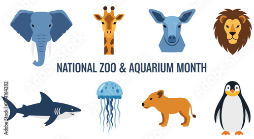 Graphic celebrating National Zoo  Aquarium Month with animal illustrations