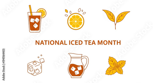 Graphic illustration for National Iced Tea Month with icons of tea ingredients and drinks