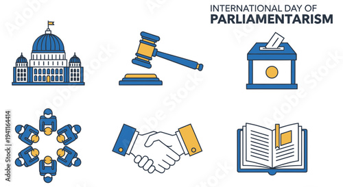 Graphic illustration for the International Day of Parliamentarism featuring six blue and yellow icons