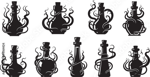 Black silhouette octopus tentacles wrapped around bottles and jars