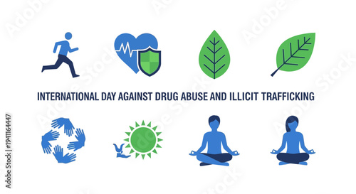 Graphic promoting International Day Against Drug Abuse and Illicit Trafficking with icons