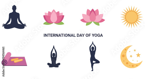 Illustration featuring yoga icons lotus flowers sun and moon around text