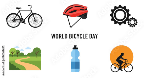Illustration for World Bicycle Day featuring bicycle helmet gears park path water bottle and cyclist