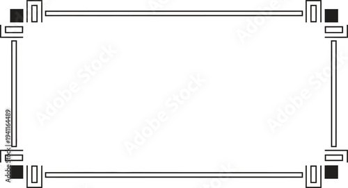 A minimalist line art design featuring a rectangular frame with protruding lines and small squares