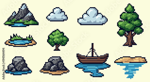 Pixel art nature elements: trees, cloud, mountain, and water in retro style