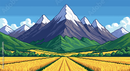 Majestic mountain range with vibrant fields in retro pixel art style
