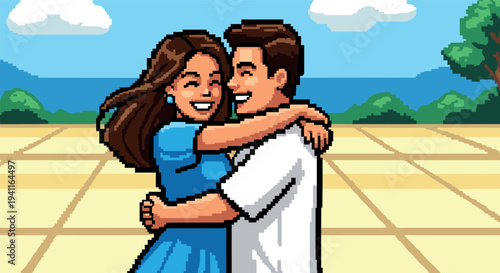 Romantic pixel art couple embracing outdoors with scenic background
