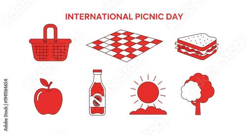 Red and white icons illustrate International Picnic Day items basket blanket sandwich apple drink sun and tree