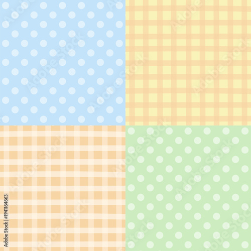 Four set of background designs with polka dot and checked pattern for wallpaper, backdrop, ad template, frame, paper design, social media post, poster, sticky note, fabric print, bed sheet, textile