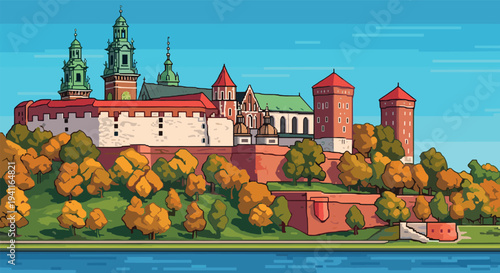 Pixel art of historic castle with autumn trees by a river under bright blue sky