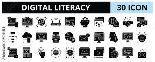 30 Digital Literacy Glyph Banner Web Icon Set Vector Illustration