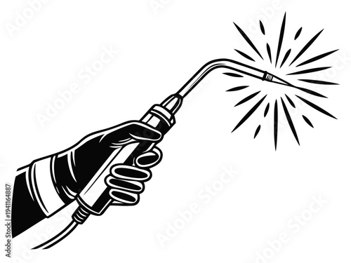 MIG Welding Torch Icon – Vector Illustration of Gloved Hand with Sparks