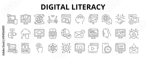 30 Digital Literacy Line Banner Web Icon Set Vector Illustration