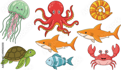 Cute cartoon sea animals collection, colorful ocean creatures set with shark octopus jellyfish turtle crab and tropical fish, aquatic wildlife vector.