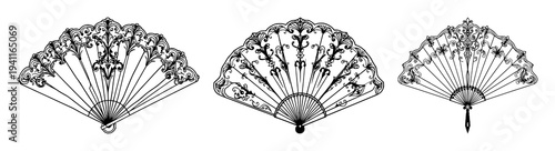 Folding fan set with ornate Victorian line art featuring royal decorative aesthetic, isolated on white with graphite and crisp lines