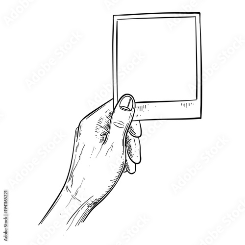 hand holding photo frame vector line art hand drawn illustration