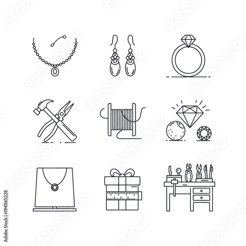 Illustration of collection of various jewelry items and tools