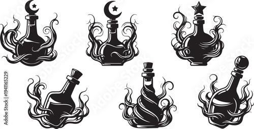 Magical potion bottles with swirling smoke and mystical symbols