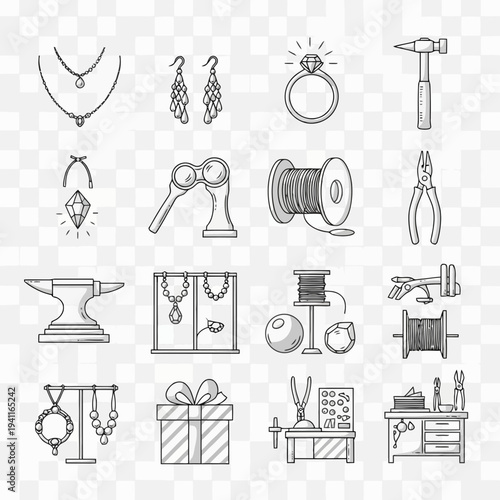 Illustration of various jewelry making tools and supplies on checkered background