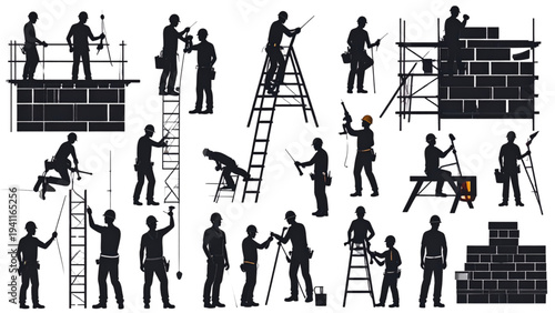 Construction Workers Silhouette Set – Ladders, Scaffolding and Tools