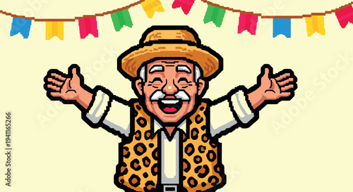 Cheerful elderly man celebrating festive event with colorful banners