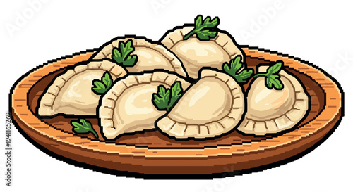 Pixel art plate of dumplings with fresh parsley on wooden dish