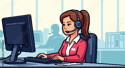 Animated customer support agent working at desk in modern office environment