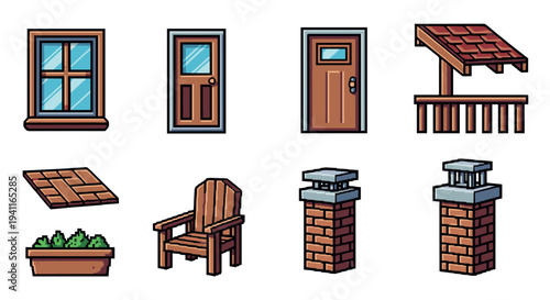 Retro isometric home elements: doors, windows, chimneys, and garden furniture
