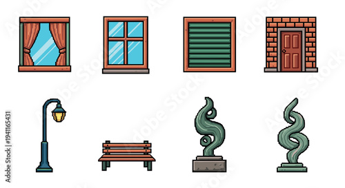 Retro pixel art windows and street elements with green sculptures