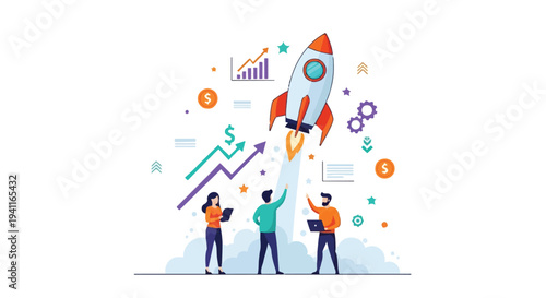 Startup team launches rocket ship symbolizing growth and financial success for new business venture
