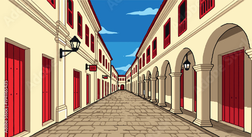 Retro pixel art of colonial street with red doors and blue sky