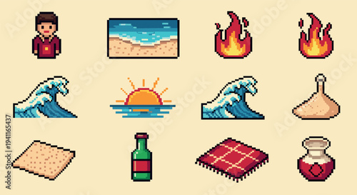 Pixel art beach and summer icons featuring waves, fire, sunrise, and more