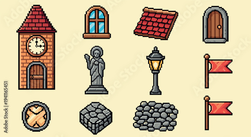 Retro pixel art medieval icons set featuring buildings, statues, and flags