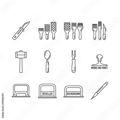 Illustration of a collection of various tools and equipment for modeling and sculpting