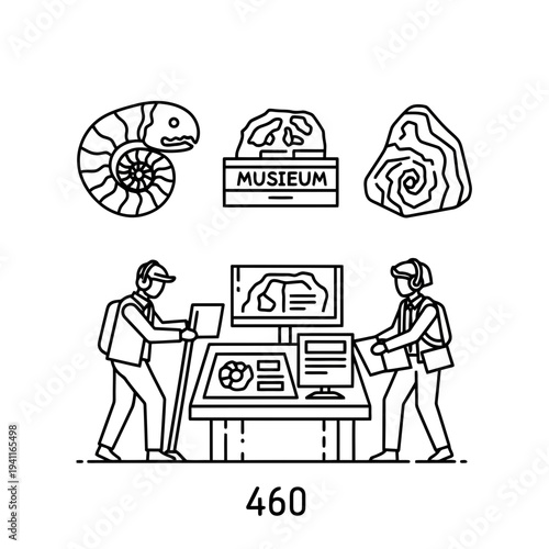 Illustration of black and white line drawing of people working at a museum desk with fossils