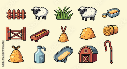 Pixel art farm icons: sheep, barn, haystack, tools, and nature elements