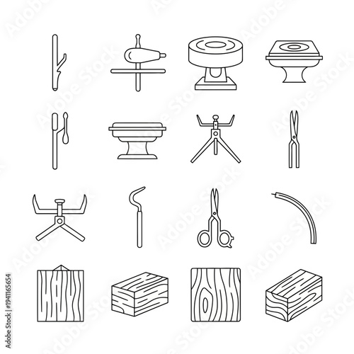 Illustration of collection of various woodworking tools and materials