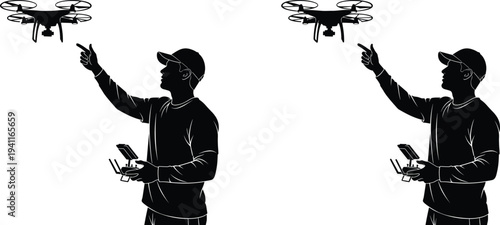 Drone operator silhouette, quadcopter control, remote pilot illustration, flying drone artwork, technology symbol, aerial photography concept,