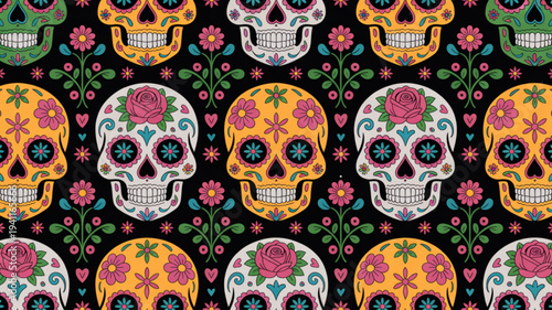 Vibrant sugar skulls with floral patterns on black background for day of the dead celebrations and halloween decorations