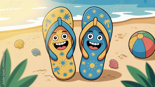Smiling cartoon flip flops on a sunny beach with seashells and a beach ball