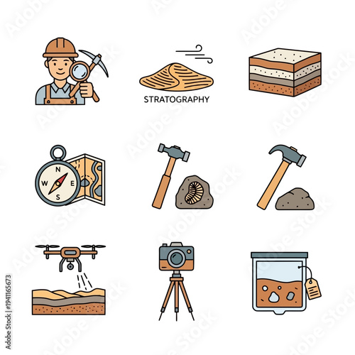 Illustration of set of colorful geology and mining icons