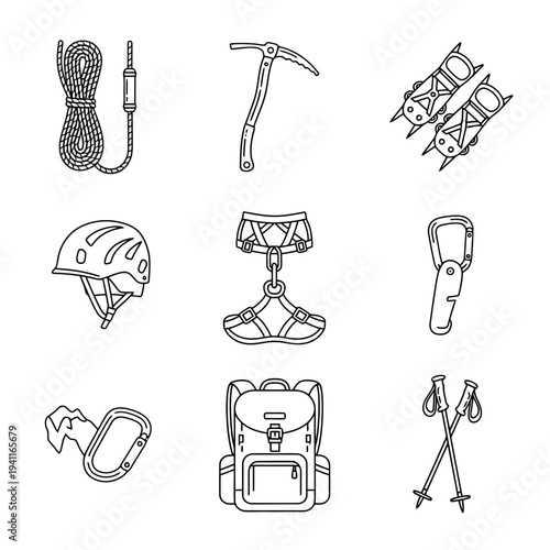 Illustration of black and white line drawing of climbing equipment icons
