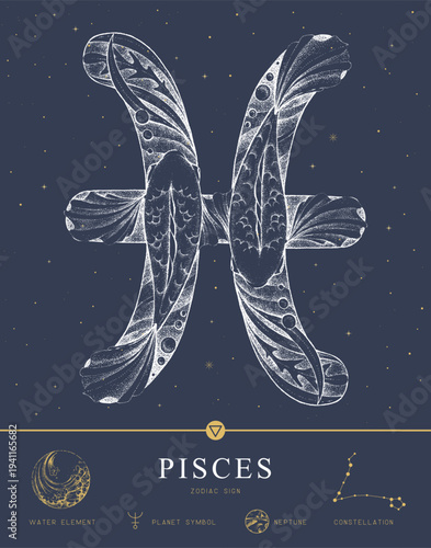 Modern magic witchcraft card with astrology Pisces zodiac sign characteristic. Hand drawing art product. Vector illustration