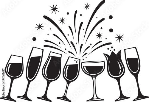 Champagne Glasses Celebrating with Fireworks in the Background Illustration