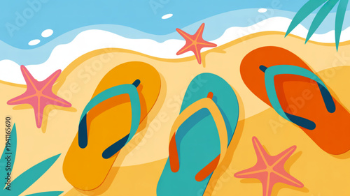 Colorful flip flops on a sandy beach with starfish and tropical leaves summer vacation background