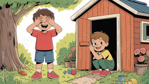 Two boys play hide and seek in a backyard shed surrounded by toys and flowers on a sunny day